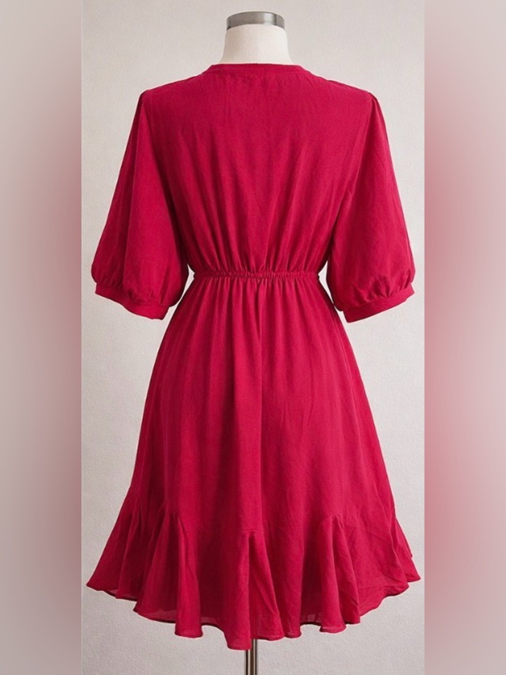 She + Sky Red Puff-Sleeve Dress with Drawstring Waist - Picture 6 of 7